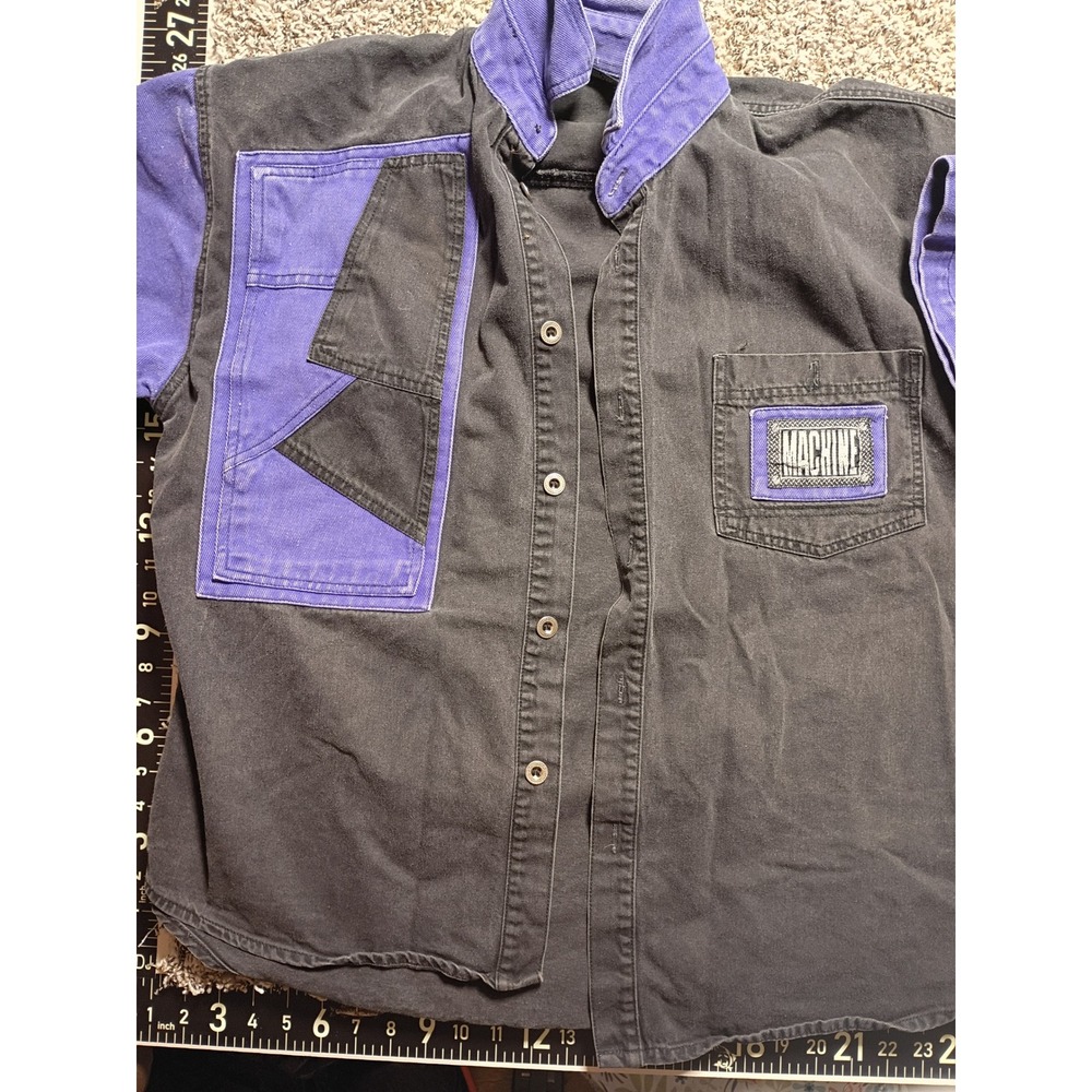 Vintage Machine Mens Black Purple Colorblock Button Down Shirt Short Sleeve M
